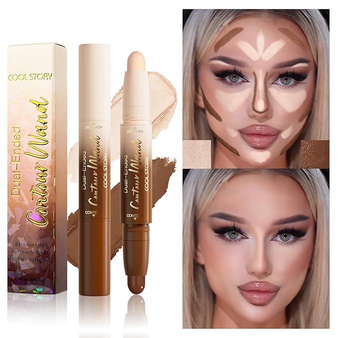Dual-Ended Contour & Highlight Stick Cream Waterproof Contour Stick, Buildable Formula for Natural Definition and Sculpting, Flawless Cheeks/Jawlines/Nose Contours, creat your better face (Fair)