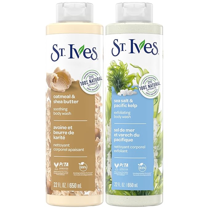 St. Ives Body Wash Variety 2-Pack, Soothing Oatmeal & Shea Butter + Exfoliating Sea Salt & Pacific Kelp, 100% Natural Extracts, Cruelty-Free, 22 Oz Ea