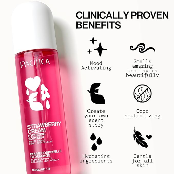 Pacifica Strawberry Cream Fruity Body Mist for Women – Sweet Strawberry Vanilla Cream Fragrance Spray, Hydrating, Odor Neutralizing, Vegan & Cruelty-Free, Phthalate-Free, 5 oz