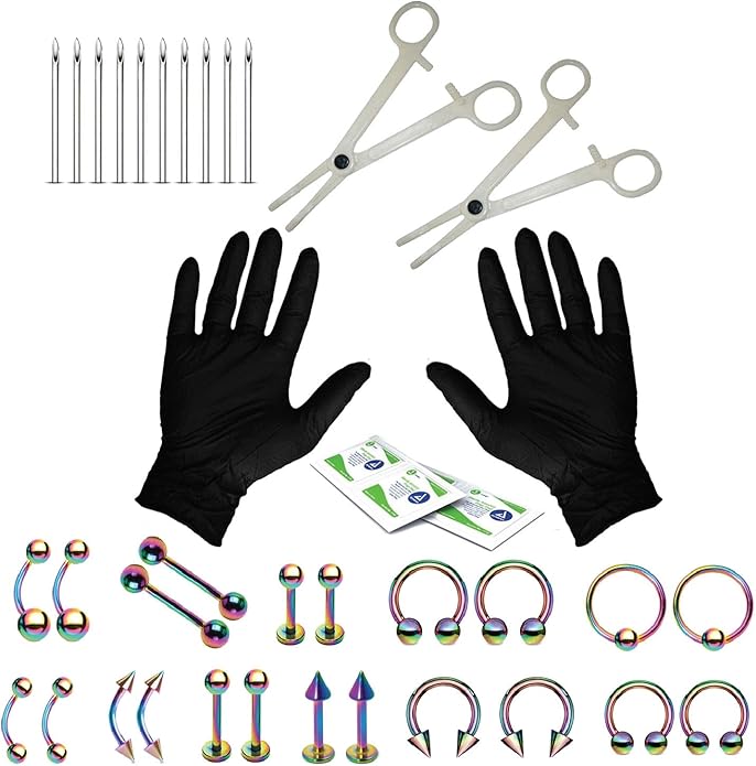 BodyJ4You 36PC PRO Body Piercing Kit - Nose Septum Ear Cartilage Lip Belly Navel Tragus Eyebrow - Surgical Steel 14G 16G BCR CBR Ring Barbell Spike - Tools Needles Gloves Clamps