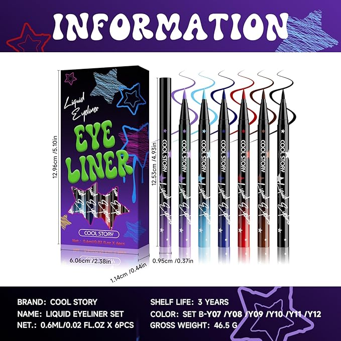 COOL STORY Liquid Eyeliner Waterproof Smudge Proof Colorful Eye Liner 24H Long-Lasting Makeup (SET-B)