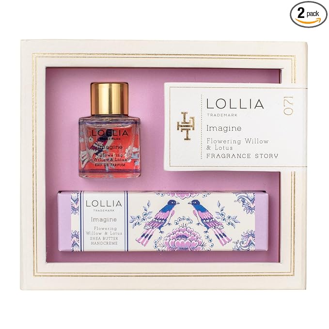 LOLLIA Imagine Fragrance Story Gift Set – .16 fl. oz. Eau de Parfum & .33 oz. Petite Treat Handcreme – Flowering Willow & Lotus – Hand Cream for Women, Travel Size Perfume, Hand Lotion for Dry Hands