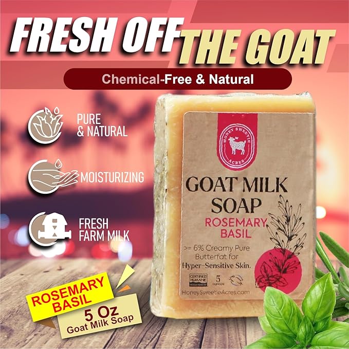 Honey Sweetie Acres Rosemary Basil Goat Milk Soap - Handmade 5 oz Bar, Made with Natural Ingredients, Moisturizing & Gentle, Made in the USA