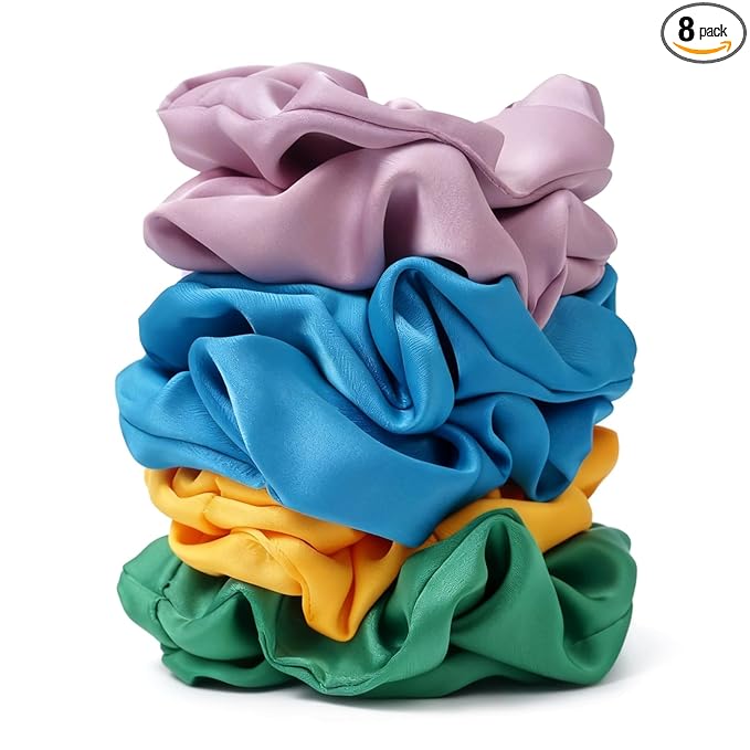 Satin Scrunchies for Women – 8PCS Dopamine Bright Silk Hair Ties – No Crease, Frizz-Free, Vibrant & Energetic Hair Bands for Thick & Thin Hair, Bold Hair Accessories Gifts