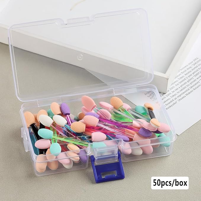 Fcozpjk 50PCS Chrome Nail Powder Applicator Brushes, Disposable Eyeshadow Applicator With Acrylic Storage Box, Nail Glitter Powder Pigment Pen Brush, Nail Art Applicator Tools