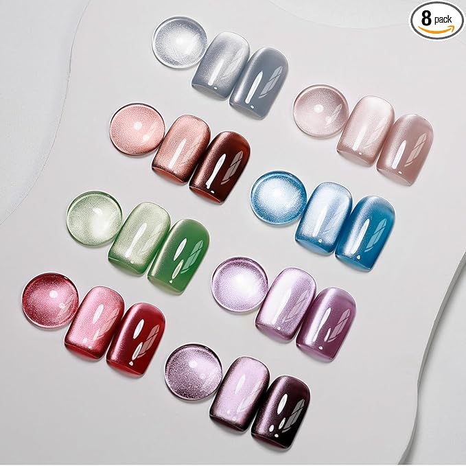 MIZHSE 8 Colors Cat Eye Gel Nail Polish, Glitter Magnetic Gel Polish Set with Magnet Stick, Holographic Shimmer Silver Brown Green Purple Colors Nail Gel Soak Off Nail Art Salon DIY Gift