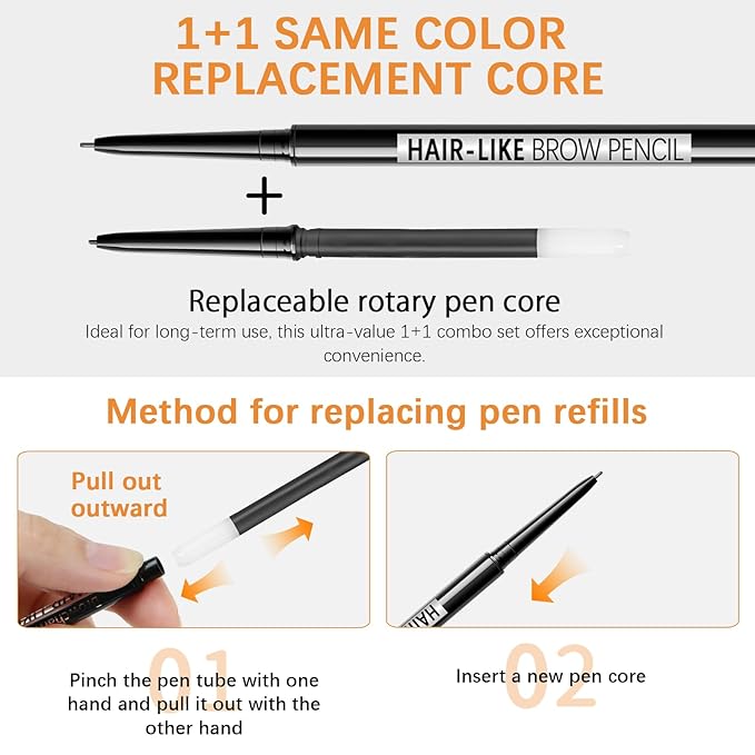 MAVENI Browcharm Microblading Brow Pencil, 0.9mm Fine Tip, Waterproof Eyebrow Pencil, with 1+1 Same Color Refills, Shapes, Defines, Fills, and Contours for Full, Natural-Looking Brows (05 Deep Brown)