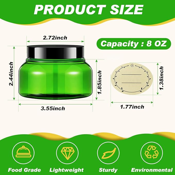 Tessco for you 24 Pack Plastic Jars with Lids Labels Multiuse Slime Containers Empty Body Scrub Jars Round Refillable Cosmetic Body Butter Container for Makeup (8 oz,Green,Black)