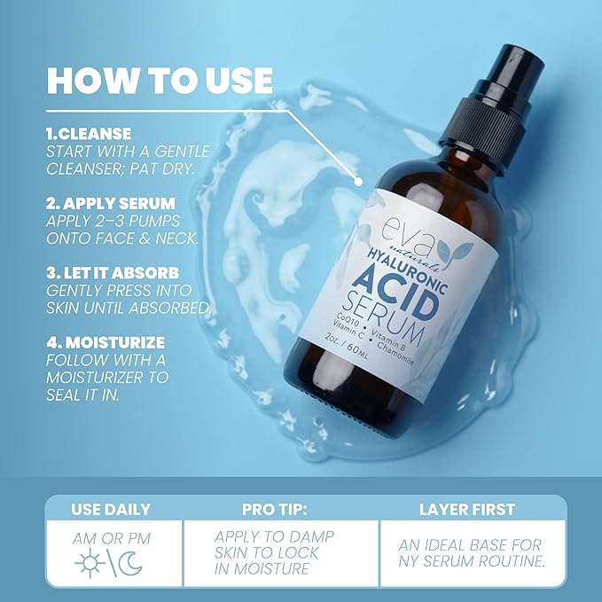 Eva Naturals Hyaluronic Acid Serum for Face – Lightweight Hydrating Facial Serum – Daily Moisturizer with Vitamin B5 – 60 ml
