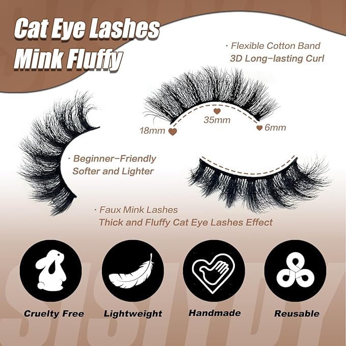 Mink Lashes Fluffy Cat Eyelashes Wispy Dramatic Volume 3D EyeLash D Curl 18mm Full Strips Lashes Thick That Look Like Extensions False Mink Eyelashes Pack YH304