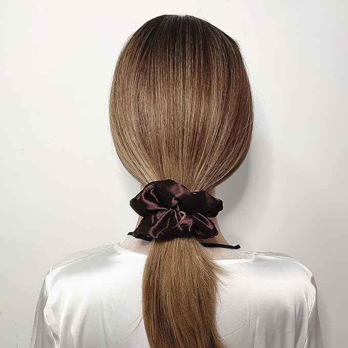 Sufermoe 12 Pcs Satin Silk Hair Scrunchies, Dark Brown 4.3 Inch Elastic Hair Ties, Hair Accessories for Women and Girls - Hair Bands, Bow Ropes, Ponytail Holders for Different Hairstyles and Occasions