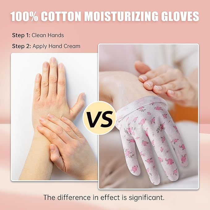 HandLove Premium 100% Cotton Gloves | Moisturizing Gloves for Dry Hands | Overnight Sleeping & Eczema | White Floral Dots, 12 Pairs