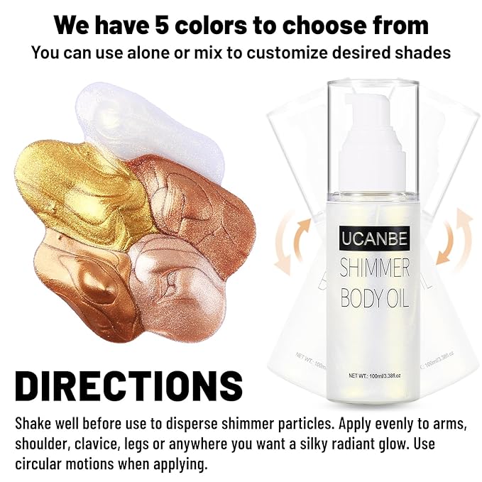 UCANBE Body Shimmer Oil 100ml, Moisturizing Face Body Glow Glitter Oil, Waterproof Shimmering Luminizer Liquid Illuminator Highlighter, Tinted Shimmer Lotion Glowing Bronzer Makeup(Silver)