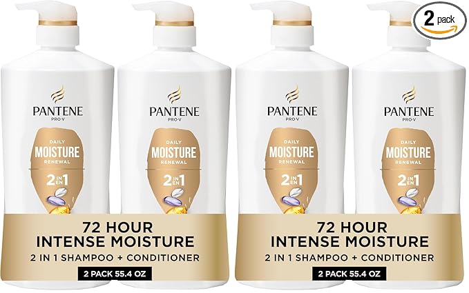 Pantene 2-in-1 Shampoo & Conditioner, Daily Moisture Renewal - Pro-V Nutrients for Dry, Straight to Curly Hair,72-Hour Hydration & Softness, 27.7 Oz Each, + Rescue Shot (0.5 Oz),2 Count (Pack of 2)