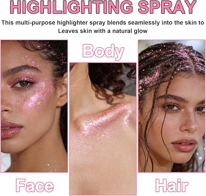 Hair and Body Glitter Spray, Shimmering Powder Sparkle Powder Makeup, Glitter Loose Sparkle Makeup for Body Highlighter,Festival Prom Rave Accessories (Pastel)