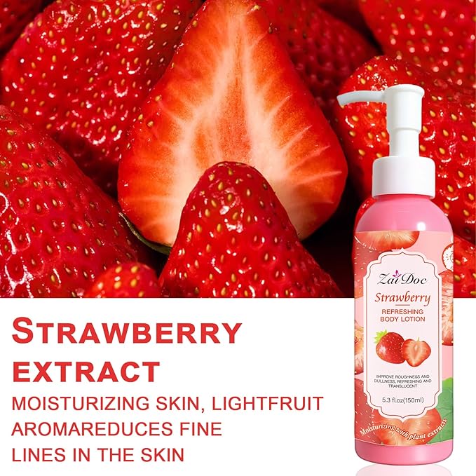 Body Lotion, 24hr Moisturizing & Deep Hydration, Absorbs Instantly Moisturizer for All Skin Types, 5.3 fl oz (1 Pack, Strawberry)
