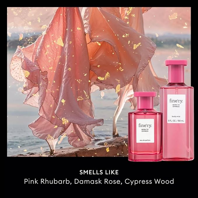 Fine'ry Rose Woody Hair + Body Fragrance Mist Spray for Women - Born to Empress - Bright Floral Scent - Pink Rhubarb, Damask Rose & Cypress Wood, Long-Lasting, Vegan, Body Spray for Girls (5 Fl Oz)