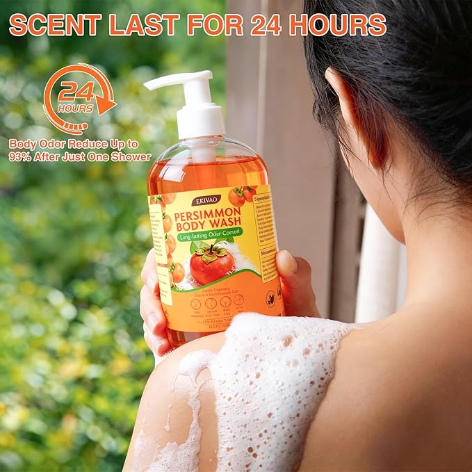 Persimmon Body Wash for Odor Control, Natural Deodorizing Persimmon Soap for Old People Smell, Deep Cleansing Odor Eliminator with Tea Tree, Family Safe Body Wash 16.7 Fl Oz