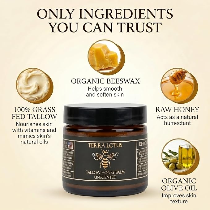 Terra Lotus - Organic Grass-Fed Beef Tallow Balm with Raw Honey - Moisturizing Cream for Soft, Smooth Skin - Handmade All-Natural Moisturizer (2 Oz, Citrus)