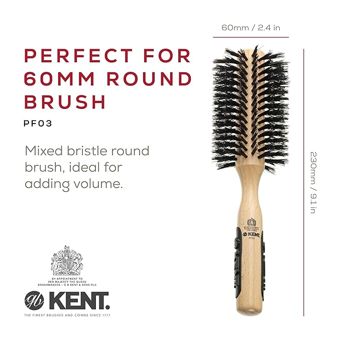 Kent PF03 Round Boar Bristle Hair Brush with Nylon Bristle Mix, Round HairBrush for Blow Drying and Blowout, for Shoulder Length or Short Hair, Rubber Antifatigue Handle