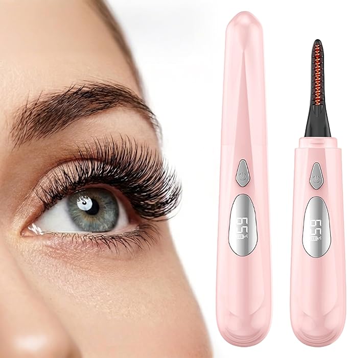 Heated Eyelash Curler for Women - 10s Fast Heating, 4 Adjustable Temp (131℉ - 185℉), LED Display, 24H Long-Lasting Curling Eye Lash Curler, Ergonomic Design, Travel-Friendly Makeup Tool Gift, Pink