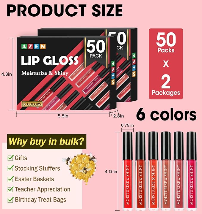 AZEN 100 Pack Lip Gloss Bulk Set, Shimmery Lip Gloss for Women and Girls With Rich Varied Colors, Mothers Day Gifts for Women