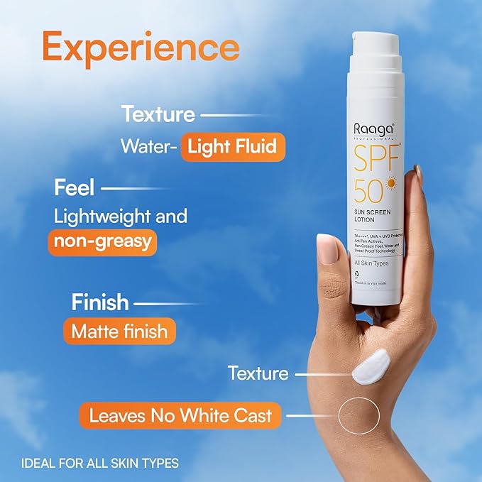 Raaga Sunscreen Lotion SPF 50 | Lightweight Non Greasy Water Resistant | 1.86 Fl Oz 55ml