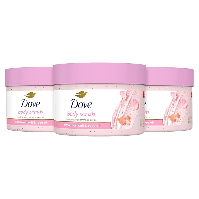 Dove Body Wash 4 Count Renewing Peony and Rose Oil and Body Scrub 3 Count Himalayan Salt & Rose Oil