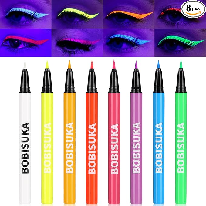 BOBISUKA 8 Colors UV Neon Liquid Eyeliner Set, Matte Colored Eyeliners Pen, Colorful Waterproof Smudge-proof Pigmented Graphic Liners, Delineadores de Colores Para Ojos Eye Makeup Gift Kit