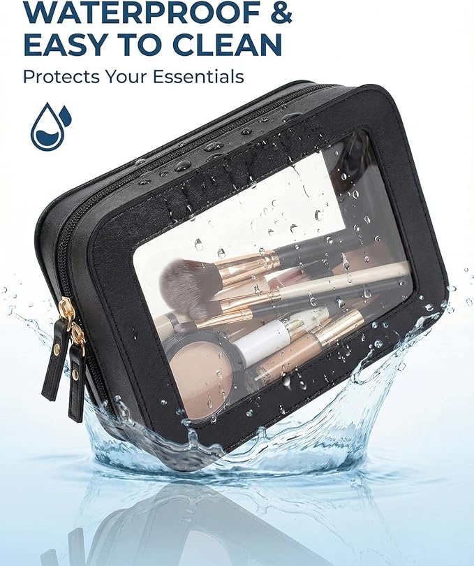 LETGO Clear Makeup Bags Set of 2, Waterproof PU Leather Portable Makeup Bag Holder with Transparent Window, Travel Lipstick Case Pouch Car Accessories for Women Men (2Pack-Standard & Square, Black)