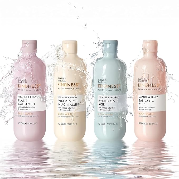 Baylis & Harding Kindness + Salicylic Acid Cleanse & Glow, Dewbury & Lime Leaf Fragrance, 16.9 fl. oz Body Wash (Pack of 3) - Biodegradable Formula - Vegan Friendly