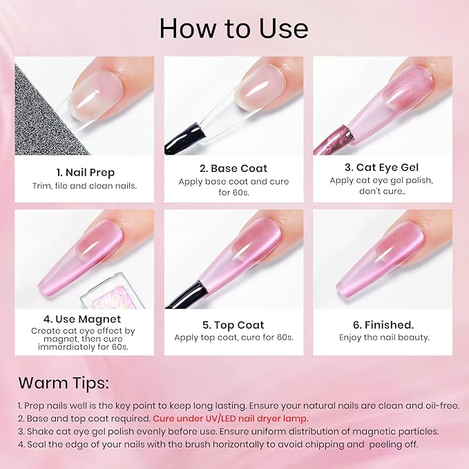 MIZHSE Cat Eye Gel Nail Polish, 8 Colors Pink Magnetic Gel Polish Set with Magnet Stick, Ceramics Effect Translucent Cats Eye Nails Soak Off Nail Art Manicure Home DIY Gift for Women