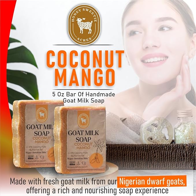 Honey Sweetie Acres 2-Pack Coco Mango Goat Milk Soap - Handmade 5 oz Bar, Made with Natural Ingredients, Moisturizing & Gentle, Made in the USA