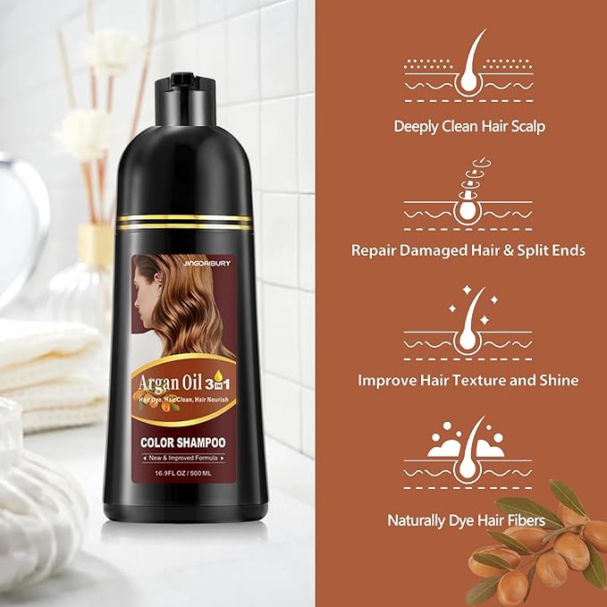 Hair Dye Shampoo 3 in 1, Argan Oil Dark Coffee Hair Dye for Men & Women, Brown Hair Dye Shampoo for Color Treated Hair, Easy to Use, Shampoo Para Canas for Gray Hair Coverage, 16.9 FlOz (Dark coffee)