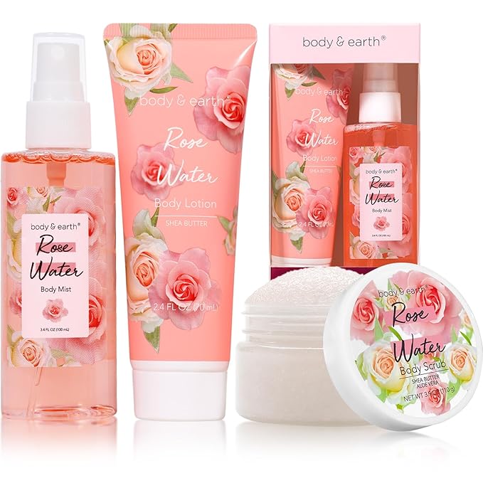 BODY & EARTH Gift Set - Spa Sets for Women, Perfume, Body Lotion, and Scrub in a Rose Water Box - Perfect Birthday Gifts for Mom Girlfriend Her