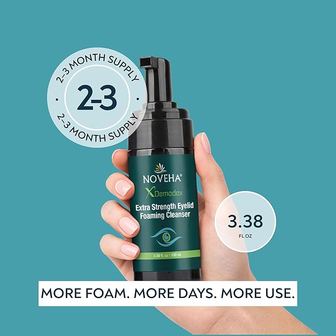NOVEHA Demodex Eyelid Cleanser Foam | Extra Strength Tea Tree Oil Formula | Daily Face Wash For Eyelash, Demodex, MGD, Stye Eyes, Eye Irritations & Skin Dryness, 3.38 fl oz (3 Pack)