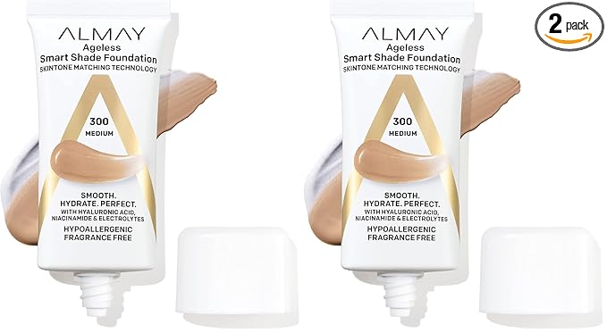 Almay Anti-Aging Foundation, Smart Shade Face Makeup with Hyaluronic Acid, Niacinamide, Vitamin C & E, Hypoallergenic-Fragrance Free, 300 Medium, 1 Fl Oz (Pack of 2)