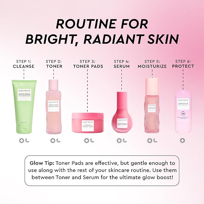 Glow Recipe Vitamin C Brightening Toner Pads - Korean Vitamin C Face Pads for Dark Circles Under-Eye and Cheeks - Light Face Exfoliator - Niacinamide, Caffeine, Guava - Fragrance-Free (60 Count)