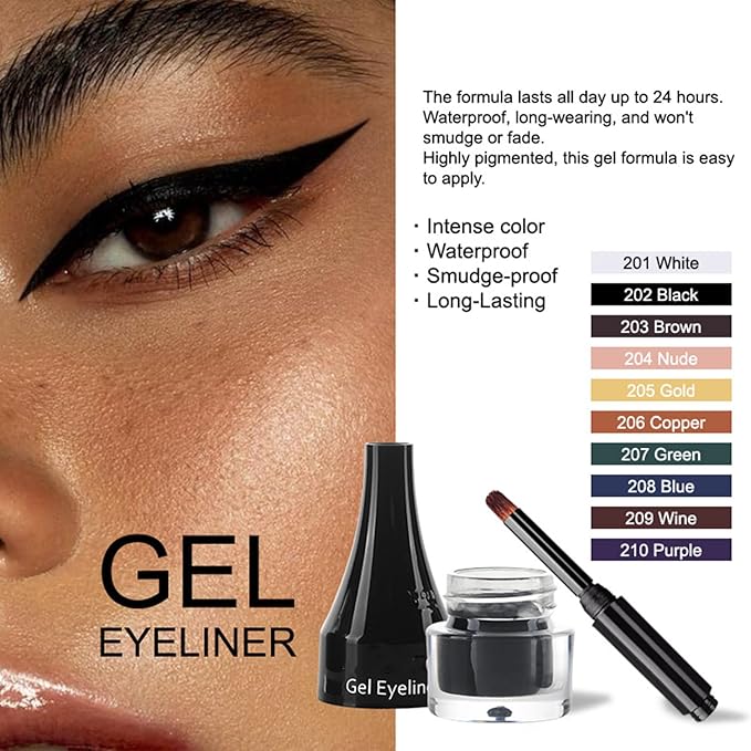 Gel Eyeliner 10 Colors Smooth Cream Matte Eyeliner Gel Longlasting Waterproof and Smudgeproof High Pigment Eyeliner with Brush (07 Green)