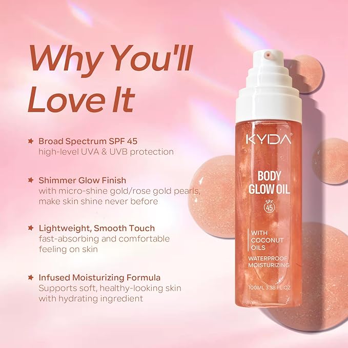 KYDA Travel Size Sunscreen, SPF 45 Body Glow Oil with Sequin Mica, Lightweight Moisturizing Coconuts Sunscreen SPF Glow Oil, Sun-kissed Shimmer Body Lotion, Water Resistant, 3.38 fl oz, ROSE