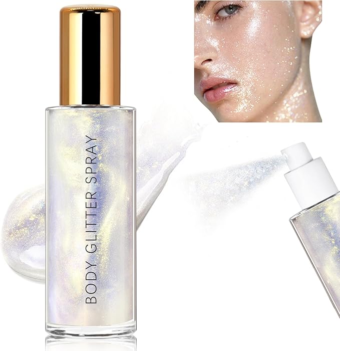 HOSAILY Body Glitter Spray, Holographic Body Shimmer Quick-Drying and Non-Sticky Duochrome Glitter Hairspray for Face Clothes, Sparkle Highlighter Makeup Festival Rave Accessories, Silver