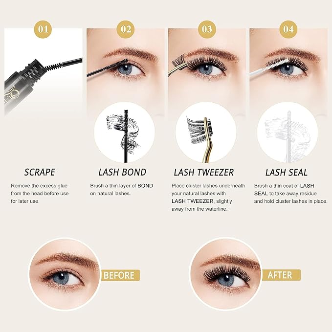 QUEWEL Lash Clusters 144 Pcs Wide Stem Individual Lashes C/D Curl 8-16mm Length DIY Lash Extension Soft False Eyelashes Wispy Cluster Lashes Easy to Create Natural Look At Home(Natural-C-MIX8-16mm)