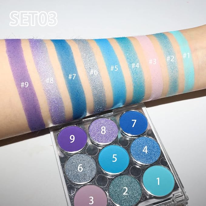 Purple Blue Eyeshadow Palette, Shimmer & Matte Violet Green Powder for Eye Makeup – 9-Color Highly Pigmented Light Dark Blue Pink Shades, Blendable Shiny & Matt