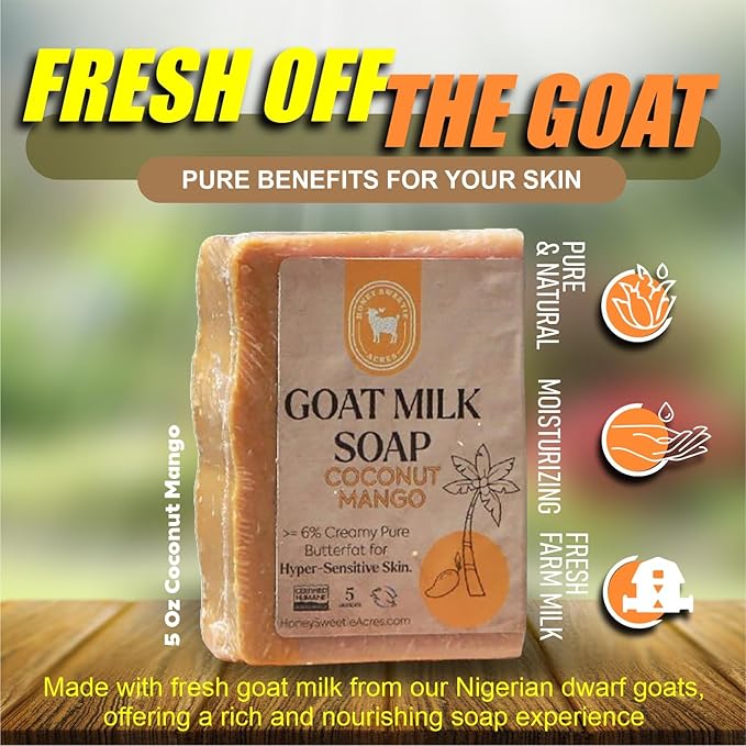 Honey Sweetie Acres Coco Mango Goat Milk Soap - Handmade 5 oz Bar, Made with Natural Ingredients, Moisturizing & Gentle, Made in the USA