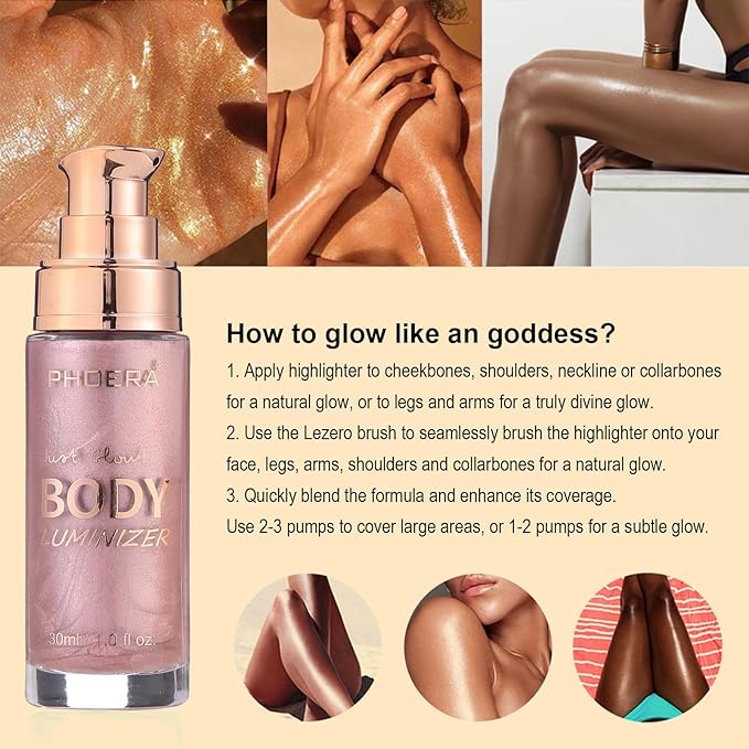 Body Shimmer Oil, Sparkle Pink Natural Glow Luminizer, Long Lasting Moisturizing Liquid Illuminator Highlighter Makeup for a Sun-Kissed Glow, Brush Include, 1oz, Fair