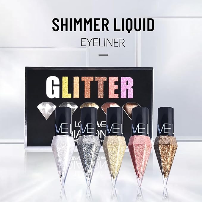 Glitter Liquid Eyeliner Colorful Set, 5 Colors Metallic Shimmer White Silver Gold Rose Eyeliner Waterproof Long Lasting Sparkle Glitter Liquid Eyeshadow Dazzling Mother's Day Eye Makeup for Women