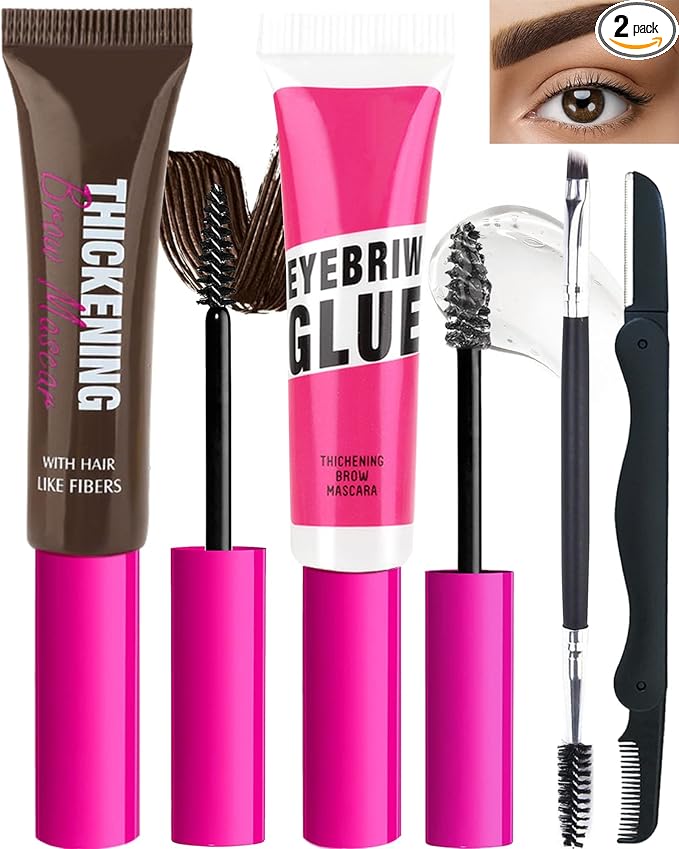 Brow Gel Kit-Espresso Thickening Tinted Eyebrow Mascara Gel & Clear Setting Brow Glue, Brow Filler Dye Brows Cream, Long Lasting Eye Makeup for Women, Light Medium Dark Brown With Brow Tool-Set 07