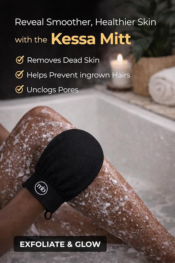 Korean Exfoliating Mitt Glove – Dead Skin Remover for Body, Moroccan Kessa Scrub, Strawberry Skin & KP Treatment, Deep Exfoliating Bath Glove for Smooth Skin (Black)
