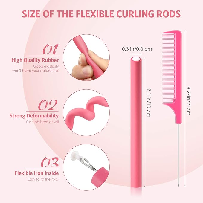 WILLBOND 60 Pieces Flexible Curling Rods Hair Curlers Rollers Twist Flexi No Heat Rods Rollers for Long Short Hair Women(0.3 x 7 Inch,Pink)