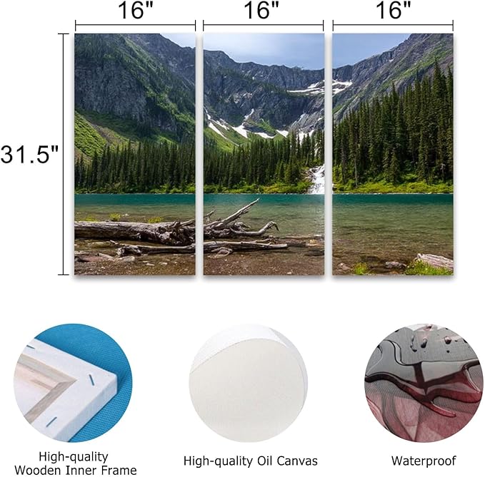 3 Piece Canvas Wall Art Prints Picture Scenic mountain views Avalanche Lake Glacier National Park Montana Framed Wall Painting Modern Artwork Poster Home Decor for Living Room Office Ready to Hang